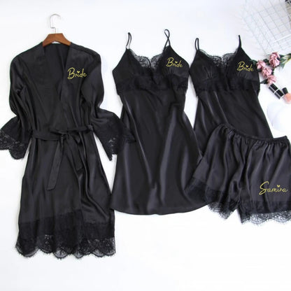 Personalized name Women Kimono Bathrobe Bride Bridesmaid Wedding Robe Set Lace Trim Sleepwear Casual Home Clothes Nightwear black 4pcs set