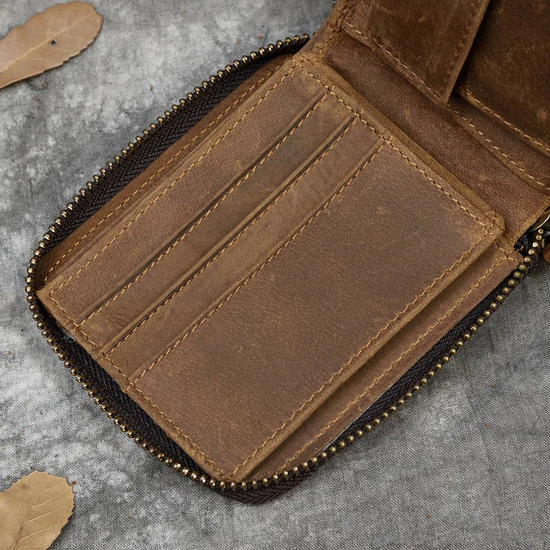 2023 New Short Wallet Men Women Vintage Fashion Card Holder Zipper Coin Purse Crazy Horse Leather Mens Slim Zipper Purse Wallet