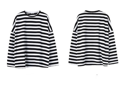 spring Autumn Women harajuku Striped Tshirt Long Sleeve O-Neck T-Shirts ulzzang Korean Casual T Shirt Femme black Tops