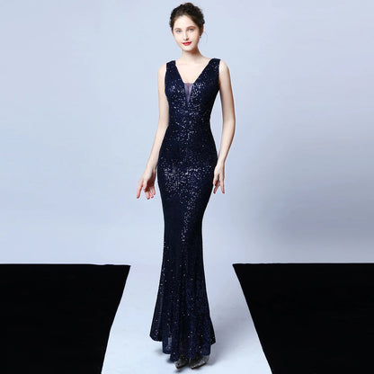 DEERVEADO Elegant V Neck Sequin Evening Dress Long 2025 New Women Mermaid Formal Dress Party Gown Bodycon Maxi Prom Dress Badiee Stylez