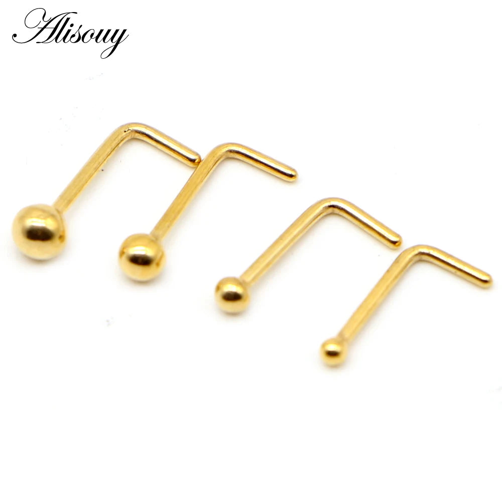 Alisouy 1PC Nose Studs Ball Round Nose Rings L-Shape Gold Color Nostril Stainless Steel Nose Piercing Body Jewelry For Women Badiee Stylez