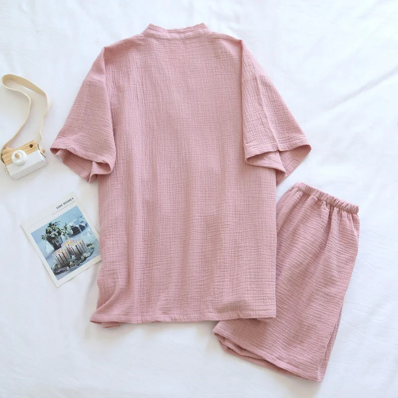 Summer Japanese Couples Pajamas Thin Cotton Gauze Crepe Short Sleeve Shorts Kimono Men and Women Home Clothes 2 Piece Sleepwear