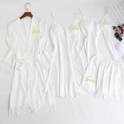 Personalized name Women Kimono Bathrobe Bride Bridesmaid Wedding Robe Set Lace Trim Sleepwear Casual Home Clothes Nightwear white 4pcs set