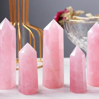 Natural Pink Crystal Point Rose Quartz Crystal hexagonal prism ornament magic wand Healing Gemstone Crystal Tower Badiee Stylez