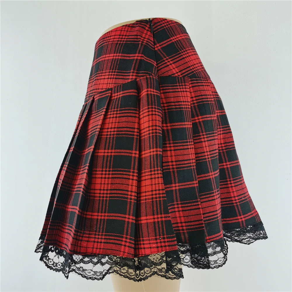 New Contrast Lace Plaid Pleated Skirt Vintage Sexy Skater Clothes Harajuku Gothic Punk England Style Y2k Skirt