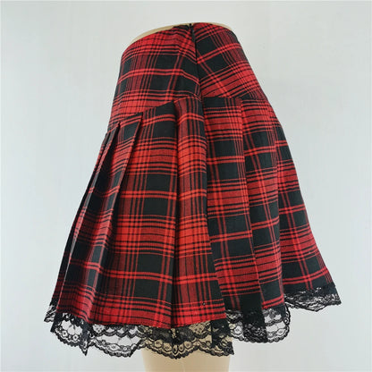 New Contrast Lace Plaid Pleated Skirt Vintage Sexy Skater Clothes Harajuku Gothic Punk England Style Y2k Skirt