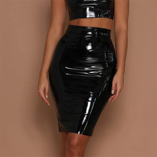 CHSDCSI Black Sexy women's Leather Skirts Streetwear Club Solid clothes Shiny High Waist pencil Skirt Lady Red Lady Skinny Skirt