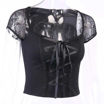 Vintage Tops Goth T-shirt Women Bodycon Bandage Lace Black T-shirts Gothic Streetwear Sexy Female Top Casual Mesh Tee