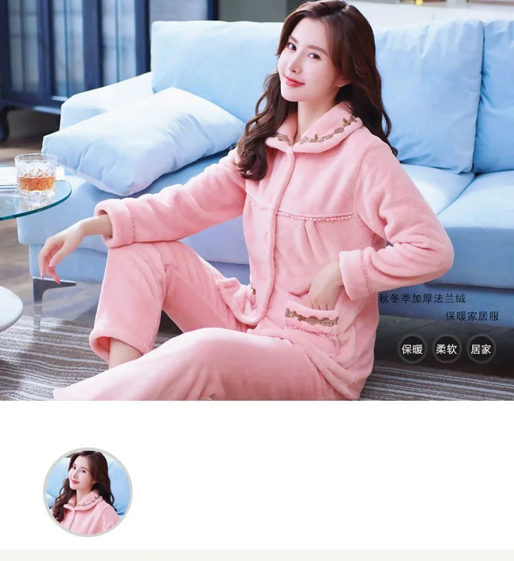 Autumn Winter Thicken Flannel Women Pajamas Set Two-piece suit Warm Loose Long-sleeve Female Casual Home service Single-breasted