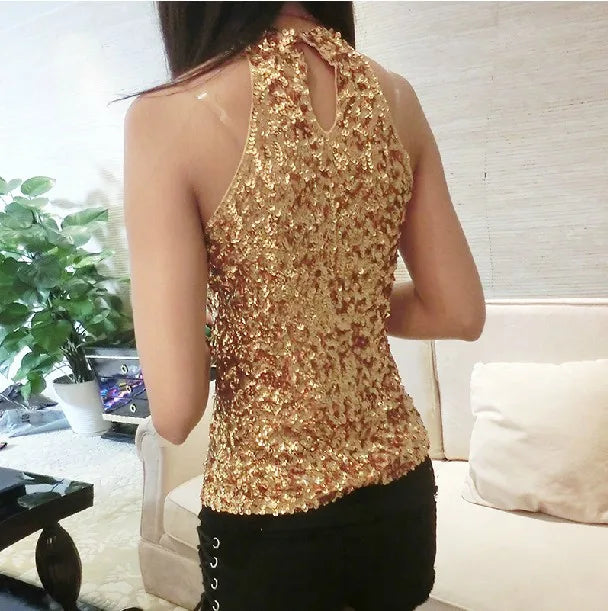 Sequins Women Fashion Shimmer Flashy Embellished High Quality Halter Neck Sleeveless Vest Sexy Tank Top Clubwear Stage Perform