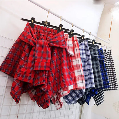 TOTRUST Fashion College Asymmetrical Skirt Women Summer Plaid Skirt Women Casual Students Fake Shirt Mini Skirt Female Saia
