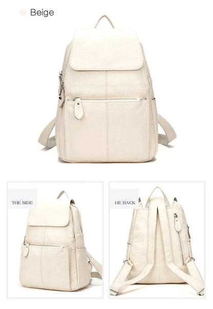 Zency Genuine Leather Women Backpack High Quality Large Capacity Travel Bag Knapsack Schoolbag Shoulder For Ladies Beige Black