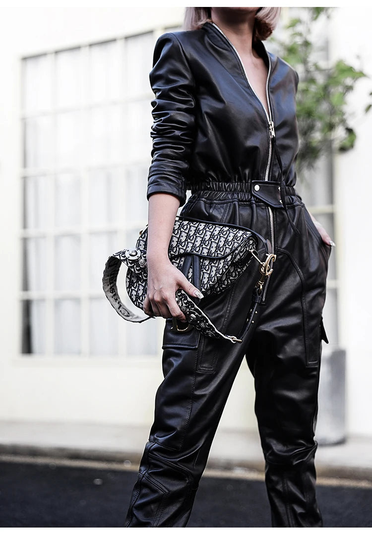 Nerazzurri Autumn Black Soft Faux Leather Cargo Jumpsuit Women Long Sleeve Zipper Luxury Designer Clothes 5xl 6xl 7xl Badiee Stylez