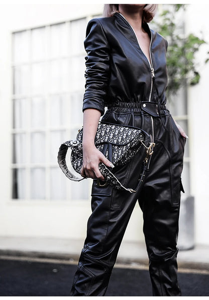 Nerazzurri Autumn Black Soft Faux Leather Cargo Jumpsuit Women Long Sleeve Zipper Luxury Designer Clothes 5xl 6xl 7xl Badiee Stylez