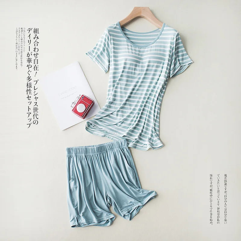 New Modal Lady Short Sleeve Pajamas Set with Bra Pad Bra One Piece Half Sleeve Shorts Striped Loose Large Size Home Wear Set Green