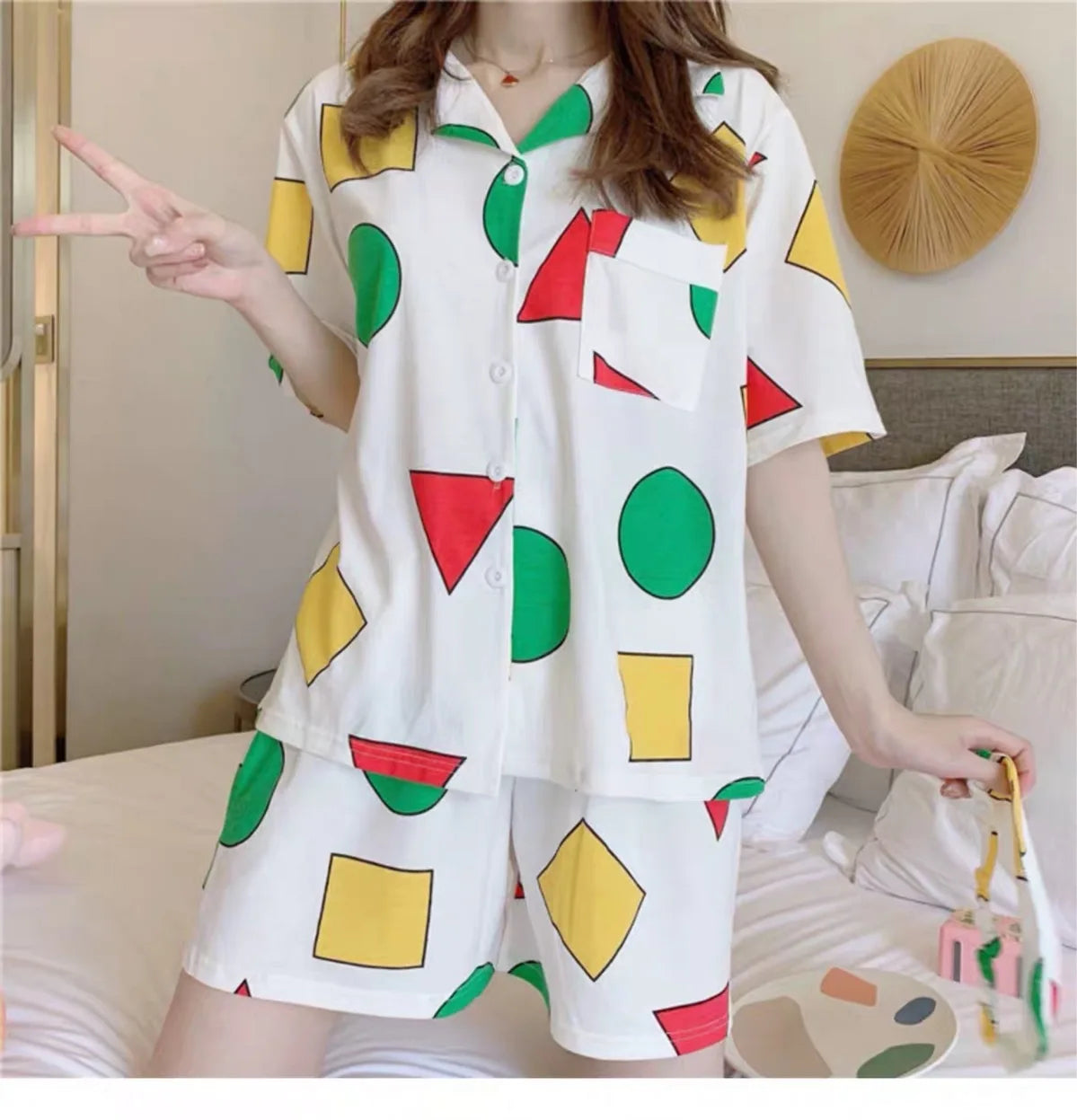 Summer Casual Couple Pajama Sets Lovely Cartoon Print Short Sleeve Sleepwear Pajamas Suit Daily Fashion Loose Homewear Nightgown