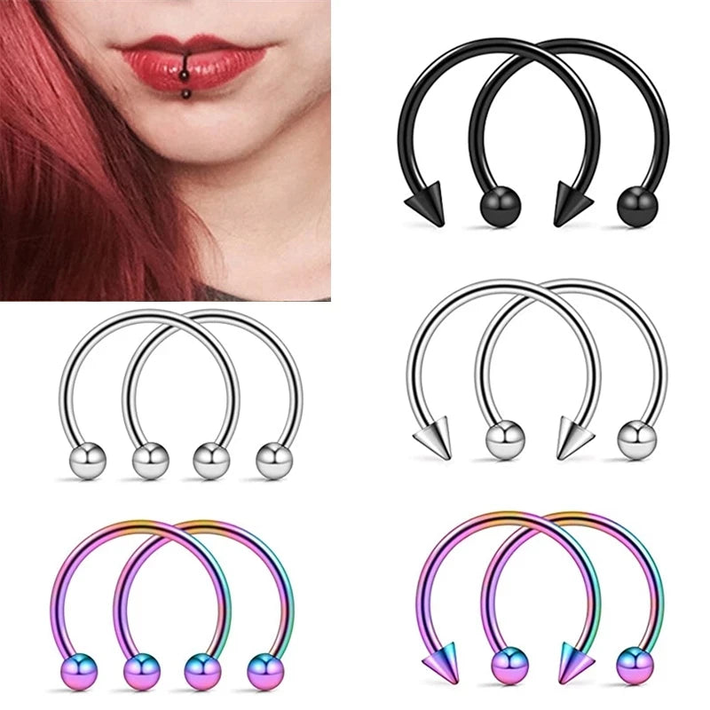 2pcs Stainless Steel Nose Hoop Ring Septum Rings Lip Studs Nostril Earrings Circular Tragus Ear Piercing Horseshoe Body Jewelry Badiee Stylez