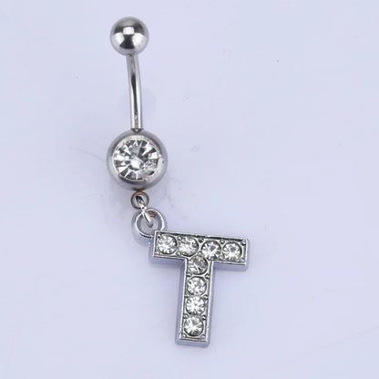 1Pc Letter Belly Button Ring Rhinestone Alphabet Pendant Navel Body Piercing Jewelry Silver Colour Nombril Piercing Gift Women T