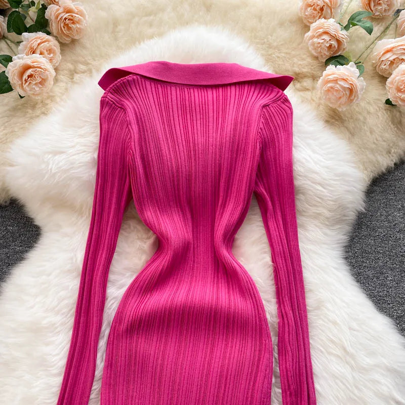 SINGREINY Women Korean Knitted Dress Long Sleeve V Neck Elastic Slim Pencil Dresses 2021 Autumn Sexy Bodycon Split Sweater Dress