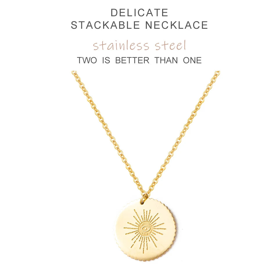 Gold Plated New Women Stainless Steel Necklace Round Disc Pendant With Eyes Pattern Clavicle Necklace Wedding Jewelry Wholesale