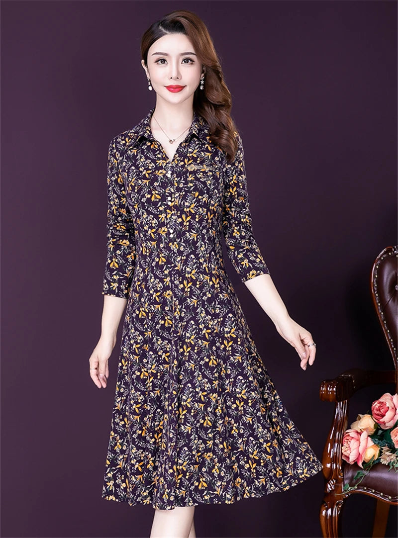 JiuMeiDai-Women's Elegant A-Line Polo Dress, Floral Print Robe, Vintage Designer Party Clothing, Office Lady, Autumn Badiee Stylez