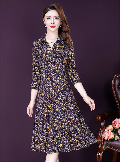 JiuMeiDai-Women's Elegant A-Line Polo Dress, Floral Print Robe, Vintage Designer Party Clothing, Office Lady, Autumn Badiee Stylez