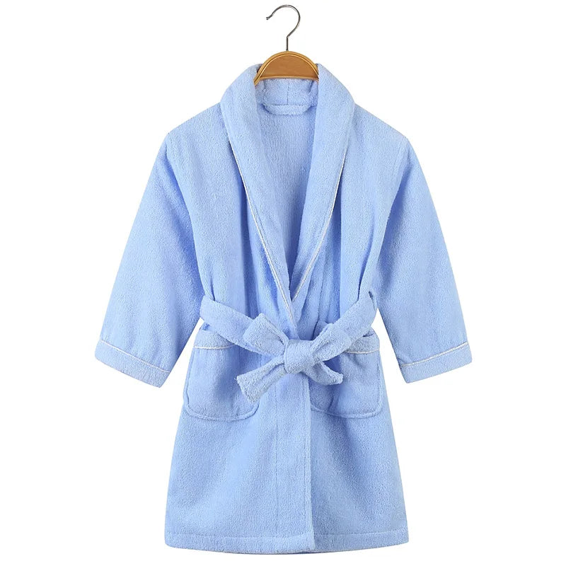 100% Cotton Toweling Terry Robe Kids Cartoon Robe Boy&Girls Hooded Robe Winter Warm Bathrobe Soft Sleeprobe Kids Casual Homewear light blue