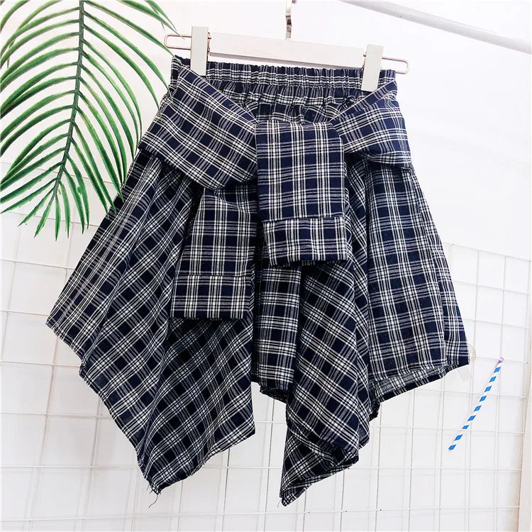 TOTRUST Fashion College Asymmetrical Skirt Women Summer Plaid Skirt Women Casual Students Fake Shirt Mini Skirt Female Saia
