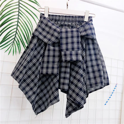 TOTRUST Fashion College Asymmetrical Skirt Women Summer Plaid Skirt Women Casual Students Fake Shirt Mini Skirt Female Saia