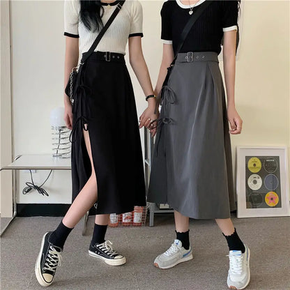 Vintage Dark Gothic High Split Mid-Calf Skirts Women Elegant Fashion Party Club High Waist Femme Bottom Streetwear Goth Skirt