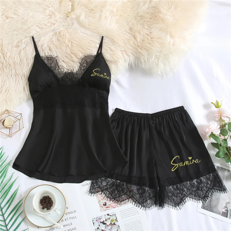 Personalized name Women Kimono Bathrobe Bride Bridesmaid Wedding Robe Set Lace Trim Sleepwear Casual Home Clothes Nightwear blue-gray 2pcs set