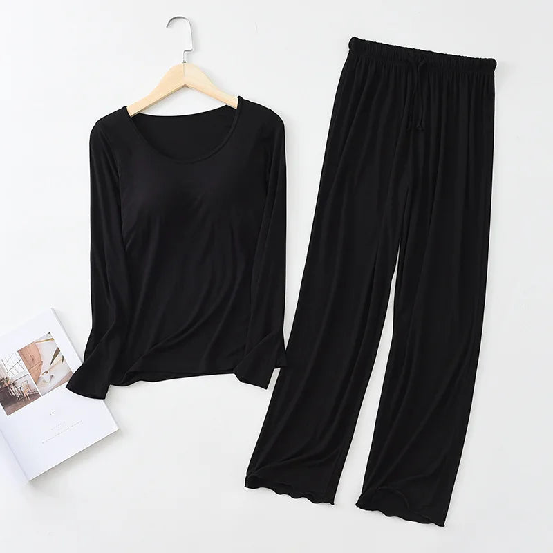 Pijama Feminino New Long Sleeve Trousers Set Modal Cotton Sleepwear Women Casual Bra Padded Winter Underwear Suit Female black