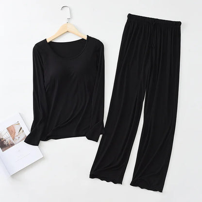 Pijama Feminino New Long Sleeve Trousers Set Modal Cotton Sleepwear Women Casual Bra Padded Winter Underwear Suit Female black