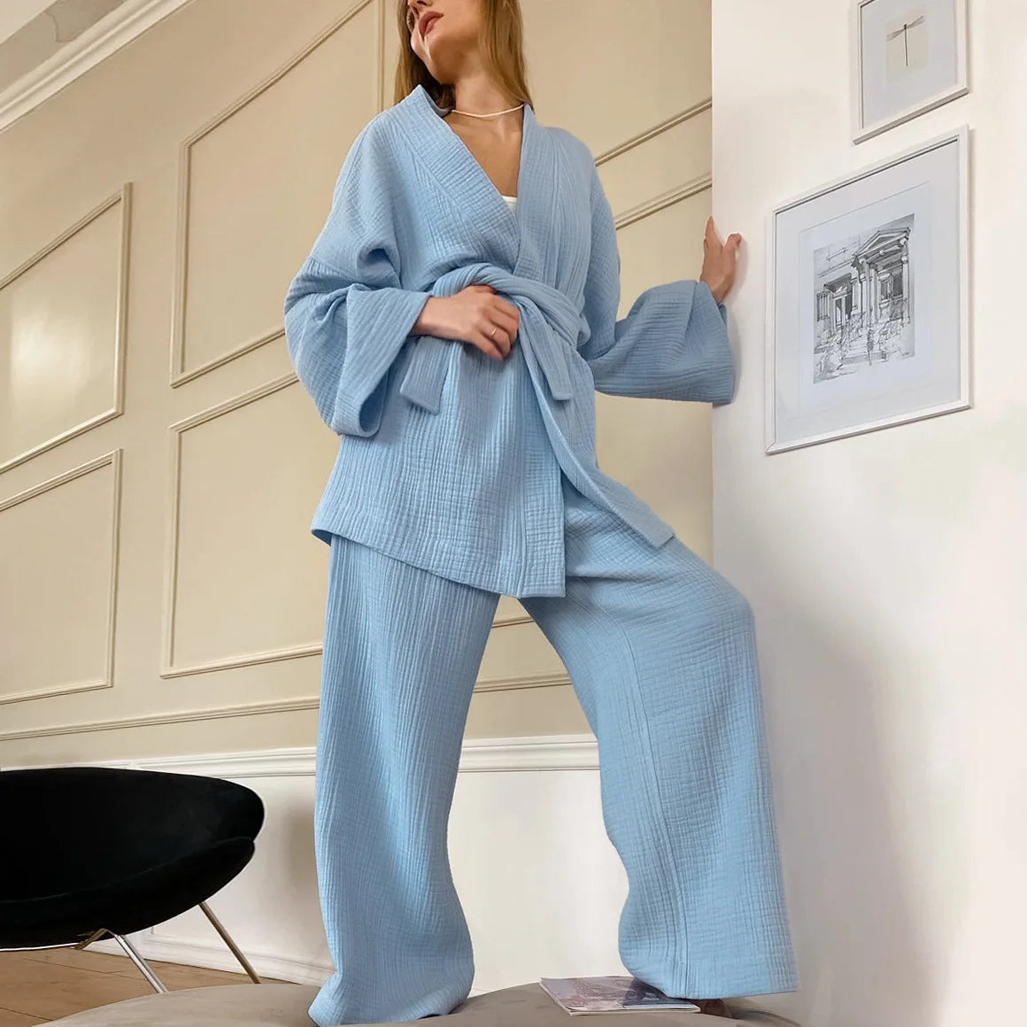 NHKDSASA Kimono Pajamas 2023 New 100% Cotton Crepe Long-Sleeved Trousers Ladies Sleepwear Suit Women's Home Service Mujer