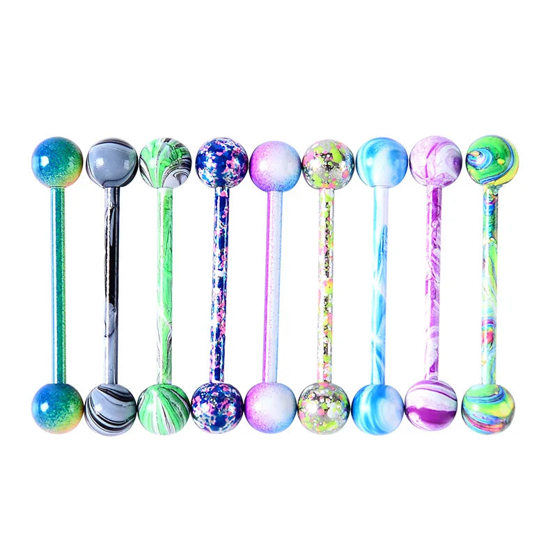6PCS Stainless Steel Glorious Tongue Ring Bulk 14G Nipple Piercing Bar Lot Glitter Tongue Piercing Set Barbell Piercing Jewelry Paint 6PCS