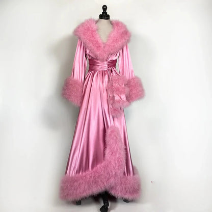 Women's Bathrobe Evening Dresses Feather Elastic Silk Pink Nightgown Pajamas Sleepwear Lingerie Women Occasions Gowns Housecoat Badiee Stylez