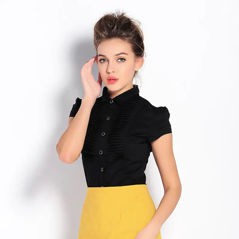 Elegant Bodysuit Women Short Sleeve White Color Shirring Design Blouses And Tops Office Lady Work Wear Formal Body Shirt Female