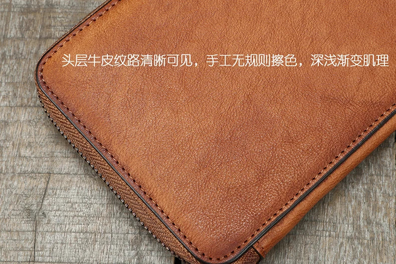 Vintage Genuine leather wallet Men leather long wallet men purse clutch bag male money clips zip around money bag card holder