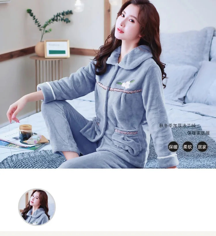 Autumn Winter Thicken Flannel Women Pajamas Set Two-piece suit Warm Loose Long-sleeve Female Casual Home service Single-breasted