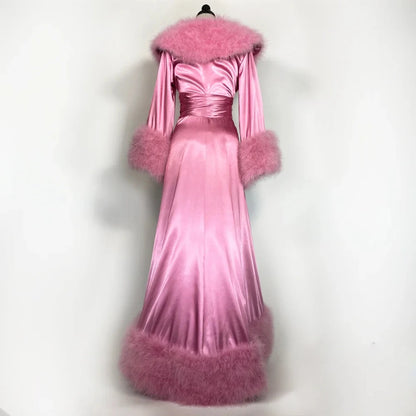 Women's Bathrobe Evening Dresses Feather Elastic Silk Pink Nightgown Pajamas Sleepwear Lingerie Women Occasions Gowns Housecoat Badiee Stylez