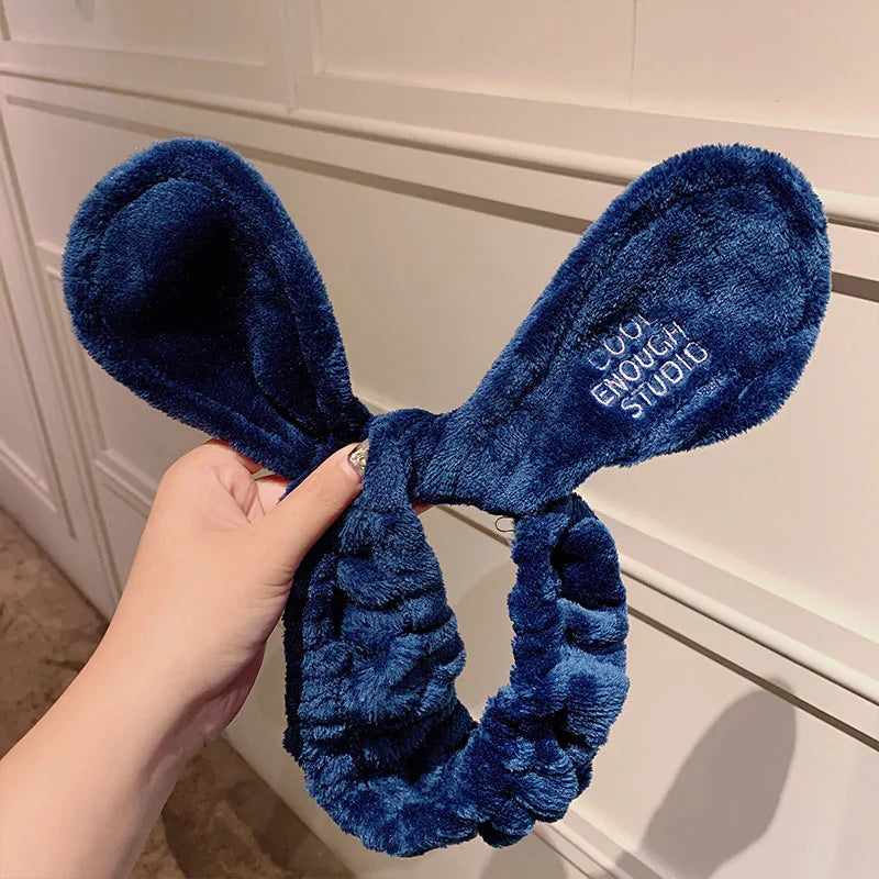 Wash Face Hair Holder Hairbands Soft Warm Coral Fleece Bow Animal Ears Headband For Women Girls Turban Fashion Hair Accessories navy blue long