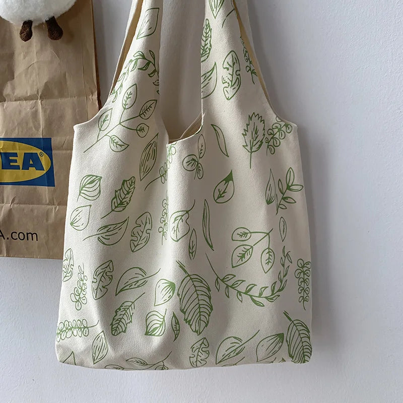 Women Canvas Leaves Flower Tote Shopper Bags Ladies Casual Cotton Cloth Shoulder Bag Eco Reusable Shopping Bag Girl Beach Travel A