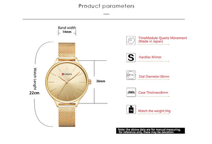 CURREN Original Women's Luxury Watch Matte Dial Japanese Quartz Movement Stainless Steel Mesh Strap with Box