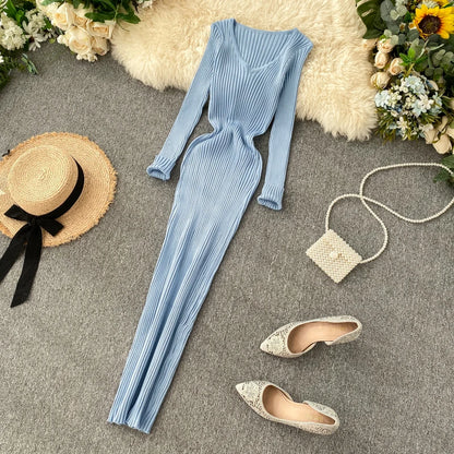SINGRAIN Women Autumn Knitted Dress V Neck Sexy Slim Elastic Oversized Basic Bodycon Long Dress Winter knit Warm Sweater Dresses