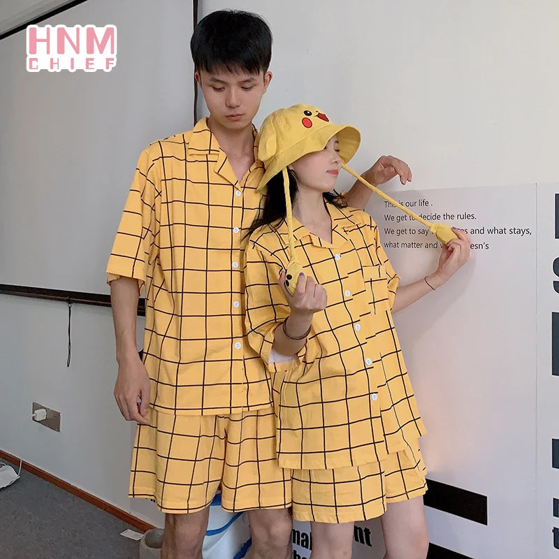 Women's Pyjamas Cute Lattice Print Pajama Sets Summer Casual Short Sleeve Couple Sleepwear Thin Cotton Home Maiden 2-piece Set