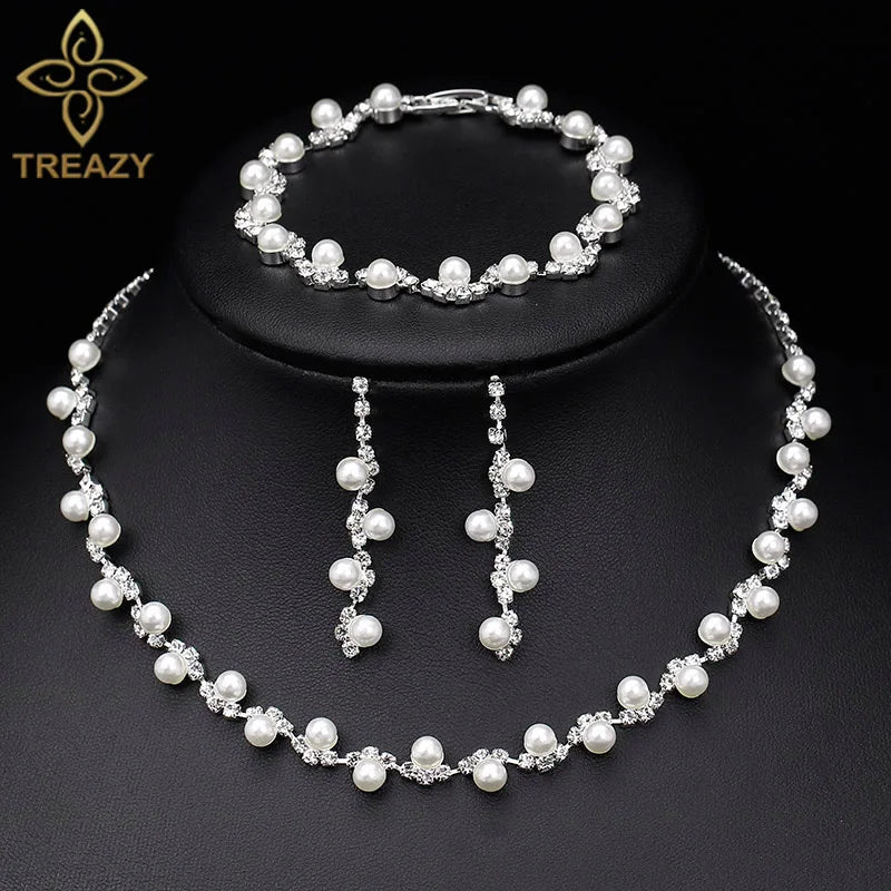 TREAZY Silver Color Rhinestone Crystal Bridal Jewelry Sets for Women Necklace Earrings Bracelet Set Wedding Jewelry Accessories style 15 Clear
