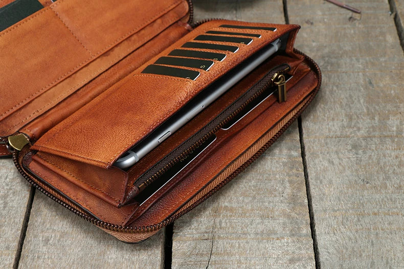 Vintage Genuine leather wallet Men leather long wallet men purse clutch bag male money clips zip around money bag card holder