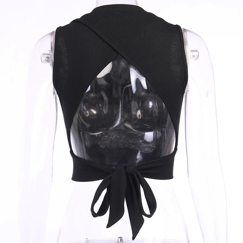 Sexy backless women tank top bandage slim crop top summer 2024 casual streetwear tops solid cotton soft criss cross top