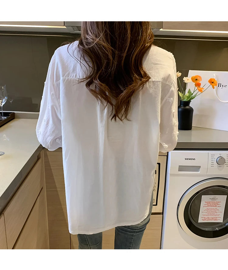 Summer Floral Embroidery Lace Blouse Fashion Women V Neck Casual Shirt Chic Short Sleeve Hollow Out Tops Elegant Blusas 24350