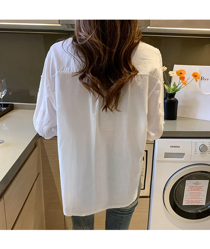 Summer Floral Embroidery Lace Blouse Fashion Women V Neck Casual Shirt Chic Short Sleeve Hollow Out Tops Elegant Blusas 24350